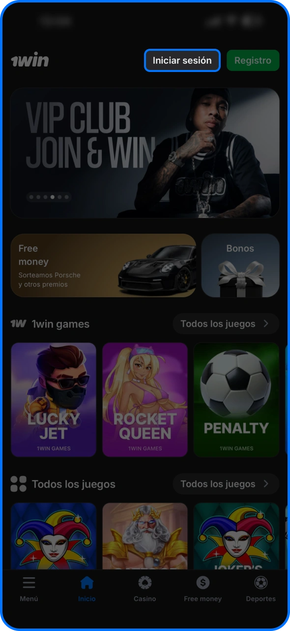 Inicia sesión en tu cuenta de 1win con tus datos personales.
