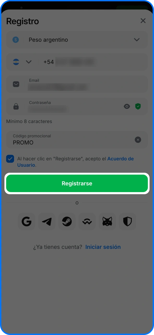 Pulsa el botón para completar el proceso de registro en 1win.