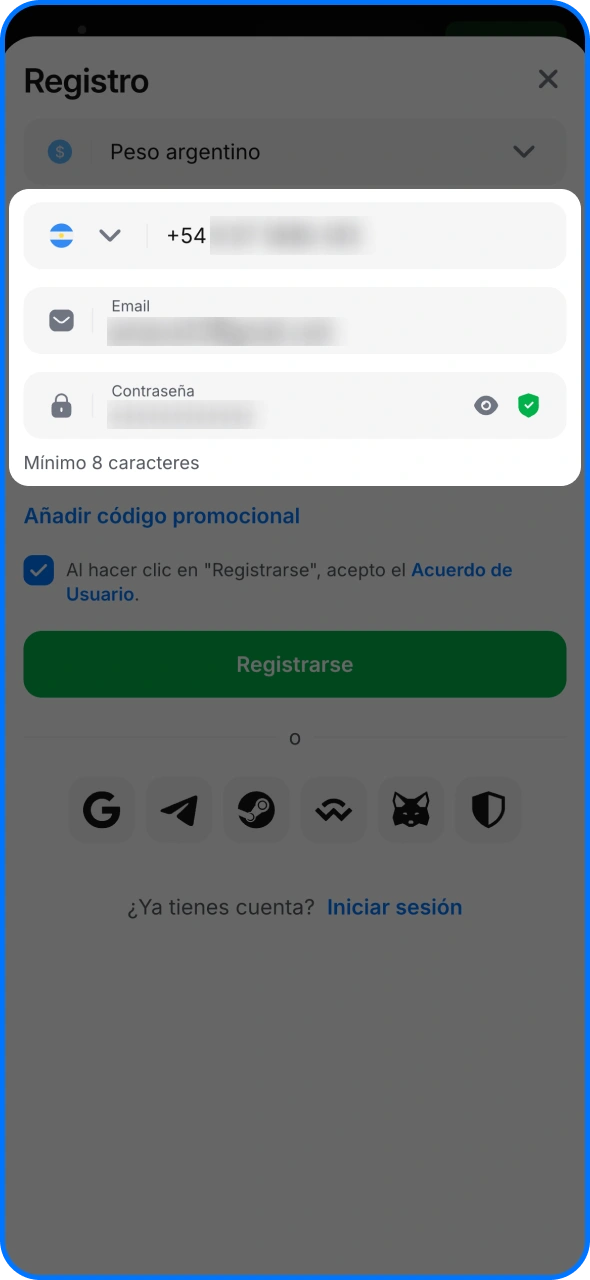 Introduce tu número de teléfono y correo electrónico en el formulario de registro de 1win.