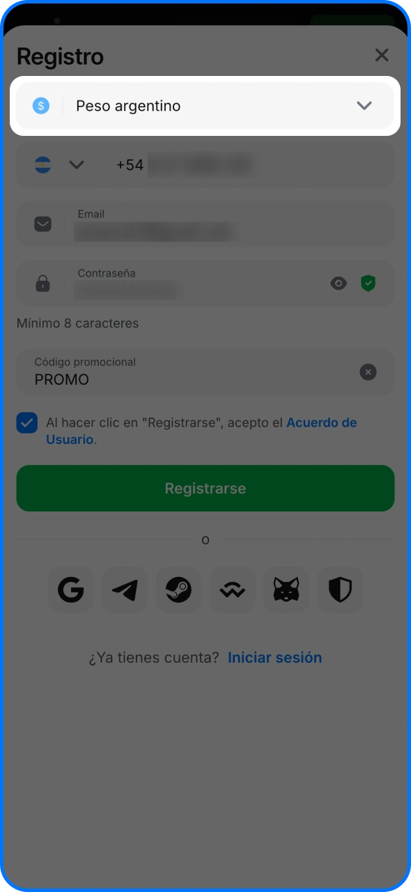 Seleccione ARS como método de pago al registrarse en 1win.