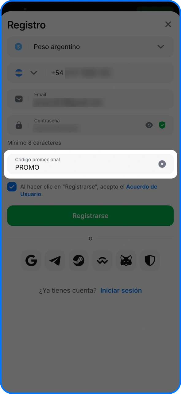 Introduce un código promocional en el campo especial del formulario de registro de 1win.
